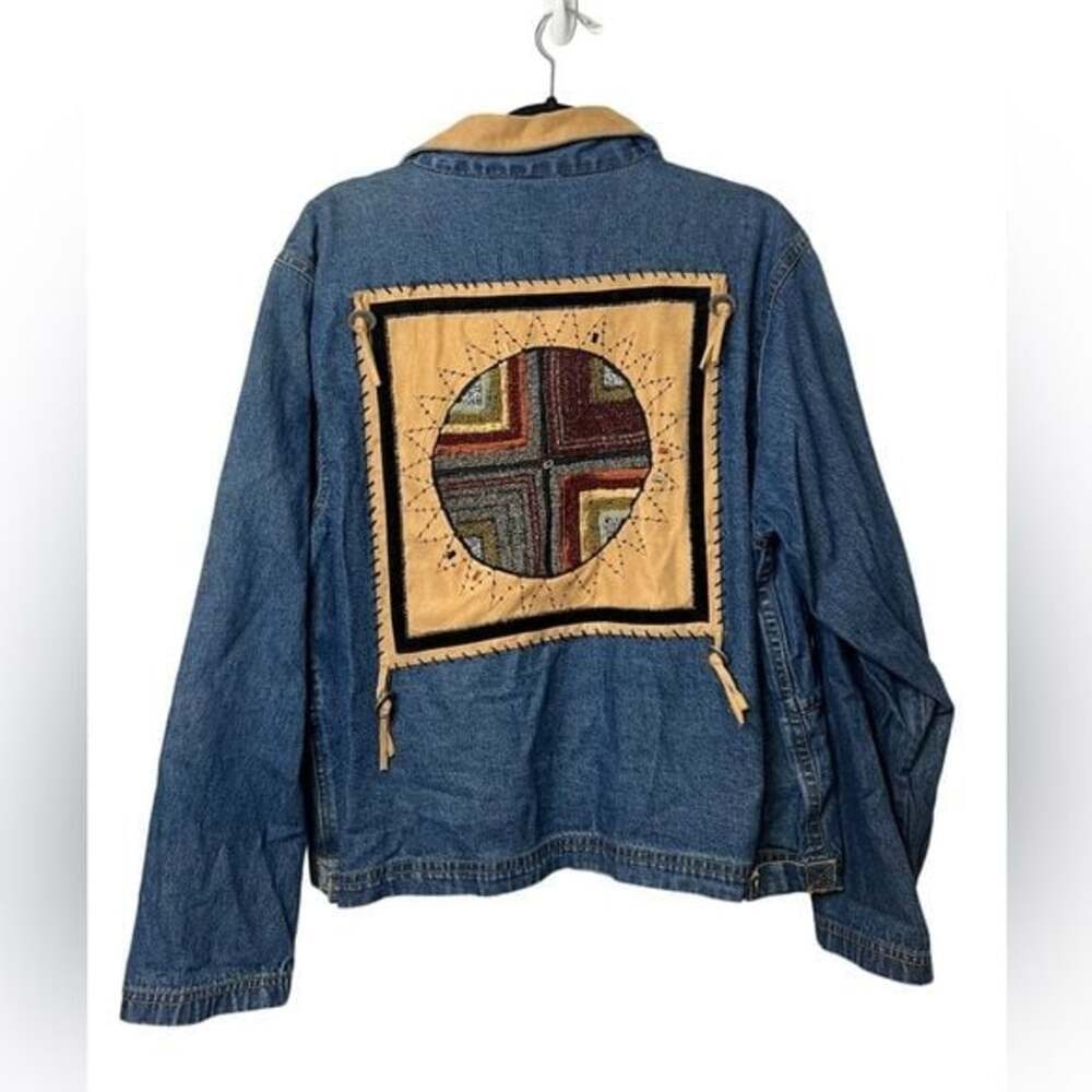 Don't Mess With Texas Women's Blue Denim Beaded Western Aztec Jean Jacket Size M